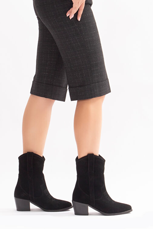 Merita Gerçek Deri Kadın Western Bot Siyah Süet - Görsel 4