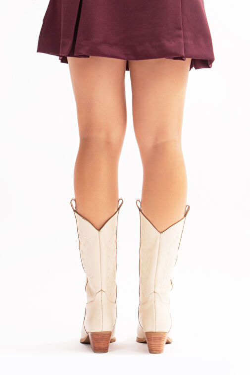 Avlonya Gerçek Deri Kadın Western Çizme Bej - Görsel 4