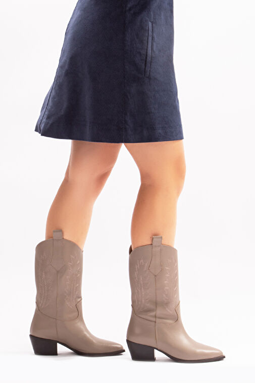 Avlonya Gerçek Deri Kadın Western Çizme Vizon - Görsel 5