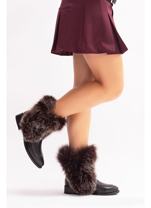Reina Gerçek Deri Kadın Bot Siyah Deri Kürklü - Görsel 2