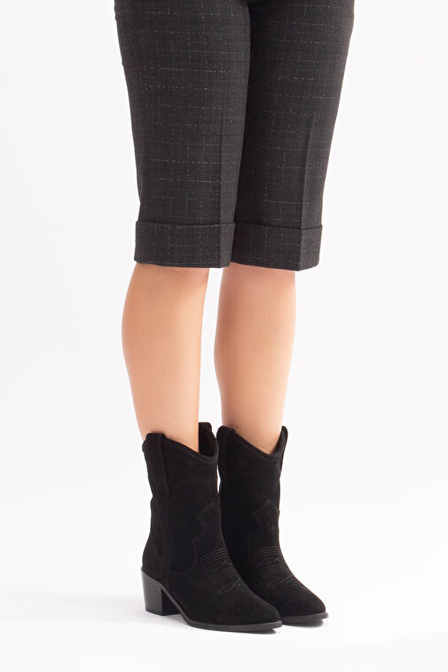 Merita Gerçek Deri Kadın Western Bot Siyah Süet - Görsel 2