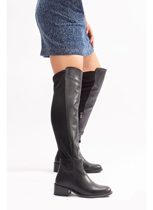 Mayes Gerçek Deri Kadın Dizüstü Çizme Siyah - Görsel 5