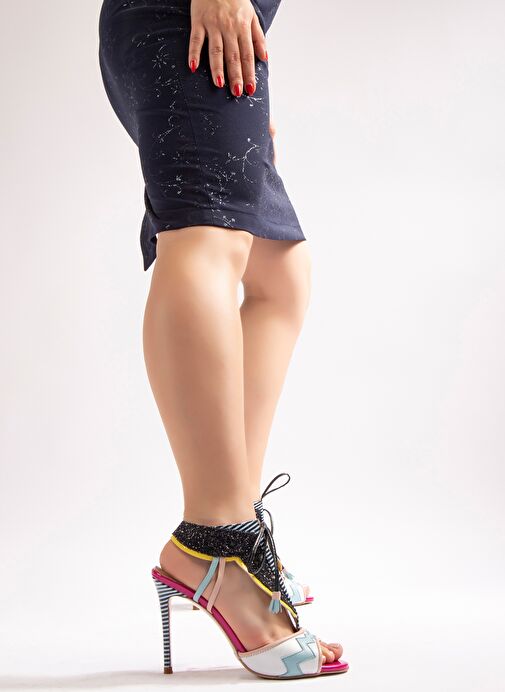 Vanessa Gerçek Deri Kadın Topuklu Sandalet Beyaz Fuşya - Görsel 3