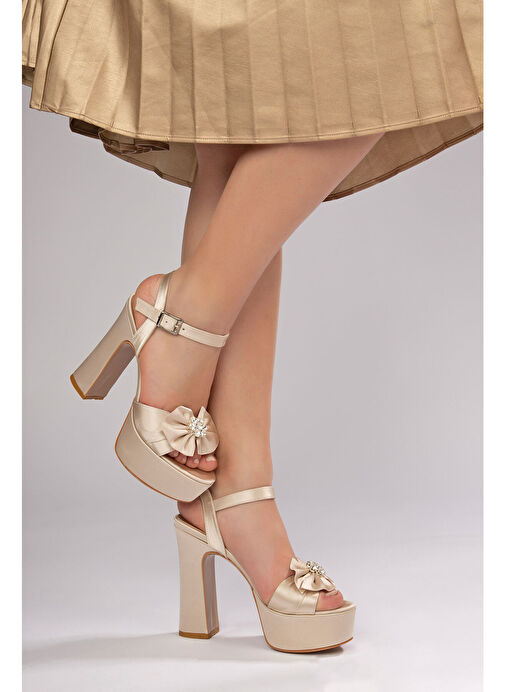 Jade Kadın Abiye Platform Topuklu Ayakkabı Bej Saten - Görsel 2
