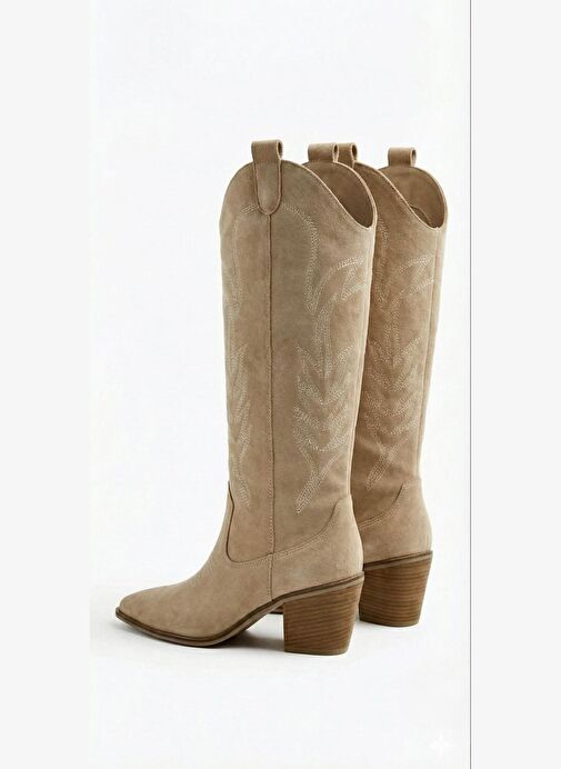 Kadın Süet Bej Western Detaylı Nakışlı Uzun Çizme - Görsel 5