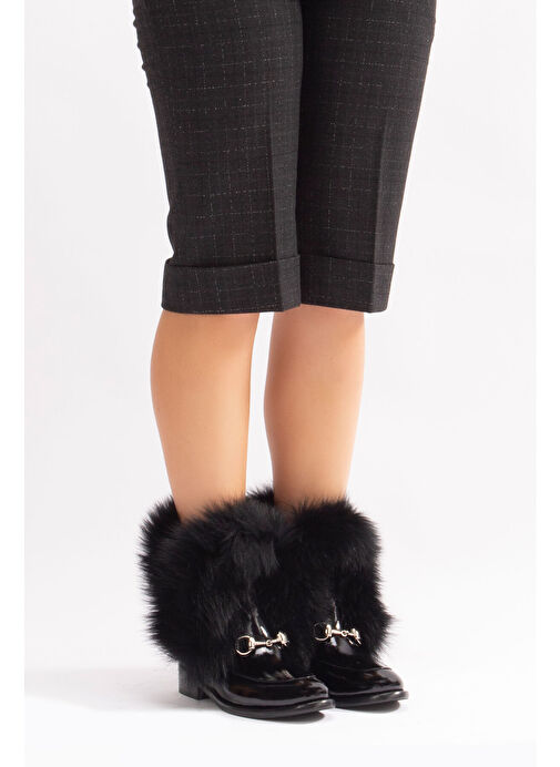 Reina Gerçek Deri Kadın Bot Siyah Rugan Deri Kürklü - Görsel 8