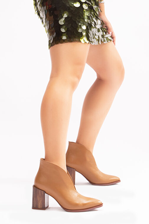 Rosita Gerçek Deri Kadın Topuklu Bot Taba Deri - Görsel 5