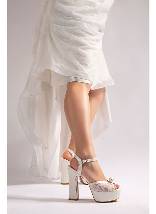 Lori Kadın Platform Topuklu Gelinlik Ayakkabı İnci Beyaz Sedef Dantel - Görsel 4