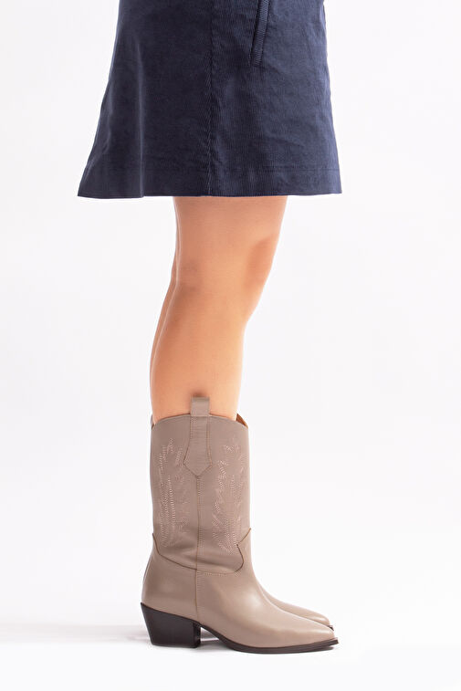 Avlonya Gerçek Deri Kadın Western Çizme Vizon - Görsel 7