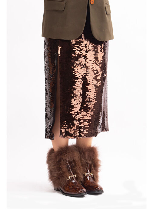 Reina Gerçek Deri Kadın Bot Taba Kroko Deri Kürklü - Görsel 7