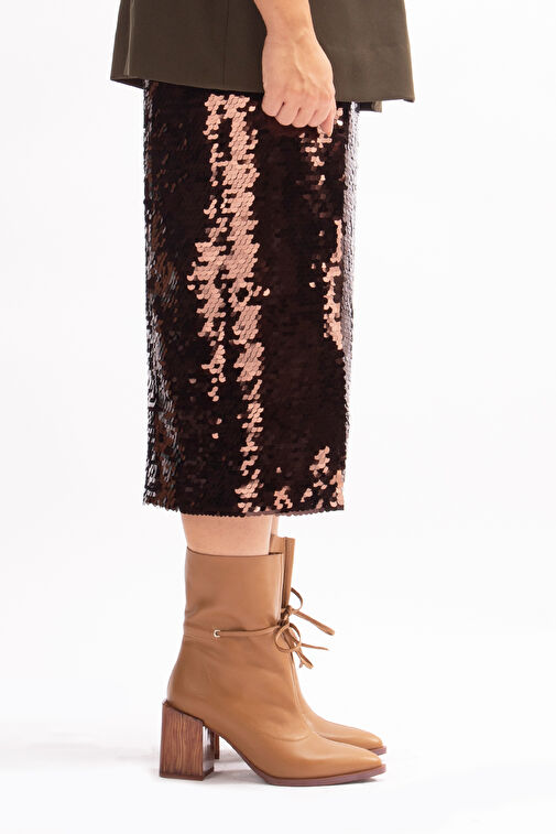 Raisa Gerçek Deri Bağcıklı Kadın Topuklu Bot Taba Deri - Görsel 8