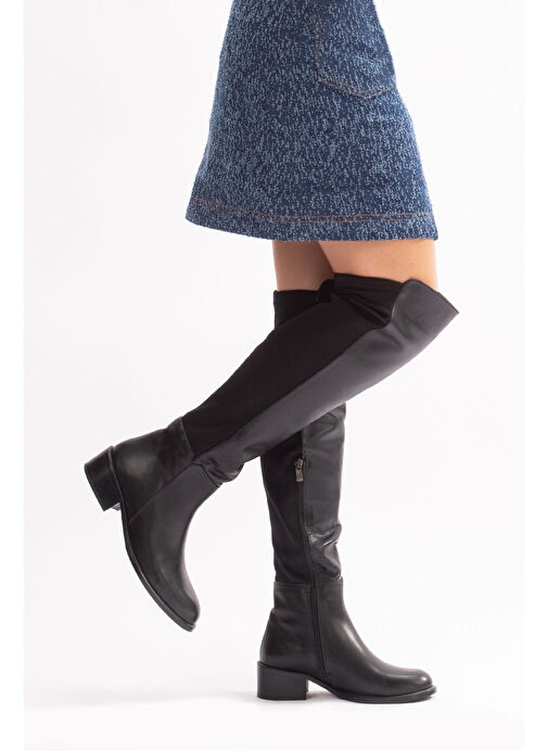 Mayes Gerçek Deri Kadın Dizüstü Çizme Siyah - Görsel 2