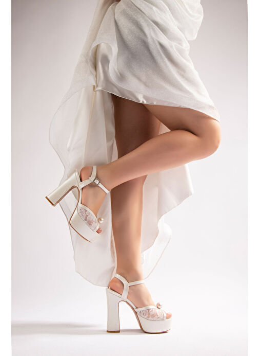 Lori Kadın Platform Topuklu Gelinlik Ayakkabı İnci Beyaz Sedef Dantel - Görsel 6
