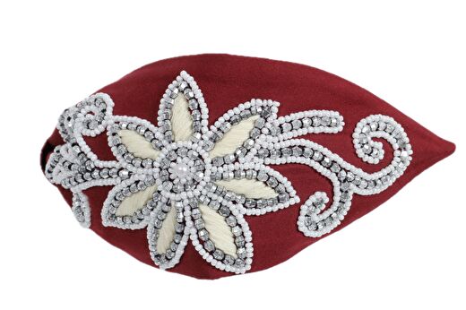 Ivory Dark Red Taş ve Boncuk İşlemeli Kadın Taç 2