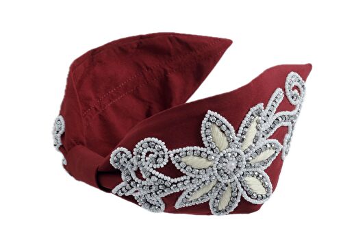 Ivory Dark Red Taş ve Boncuk İşlemeli Kadın Taç 3