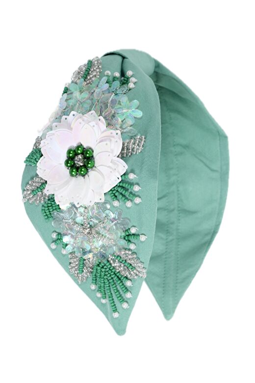 Flower Grace Green Boncuk İşlemeli Kadın Taç 1