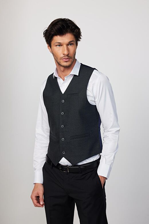 Slim Fit Dar Kesim 3 Cepli 4 Mevsim Düz Gri Erkek Yelek 3