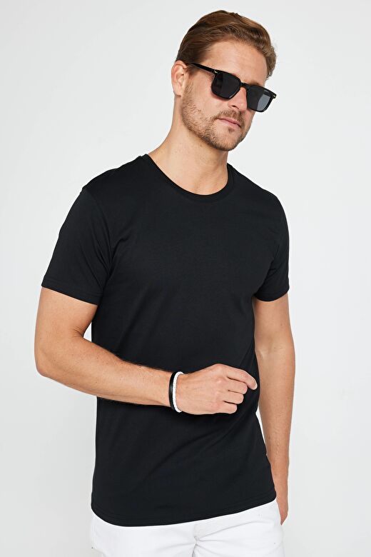 Erkek Slim Fit Siyah Bisiklet Yaka %100 Pamuk Dar Kesim Basic Tişört 2