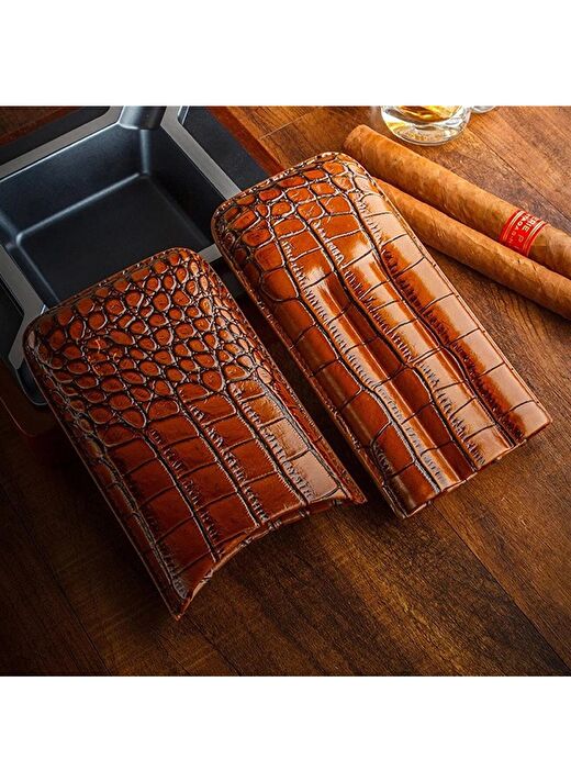 Cohiba Deri Croco 3'lü Puro Kılıfı Kesicili Siyah(56 Ring) 2