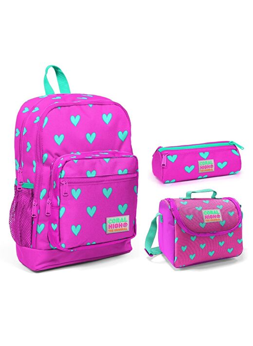Coral High Pembe Kalp Baskılı Kız Çocuk 3'lü İlkokul Çanta Seti 1