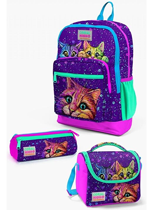 Coral High Kids Mor Pembe Kedi Desenli 3’lü Okul Çanta Seti 1