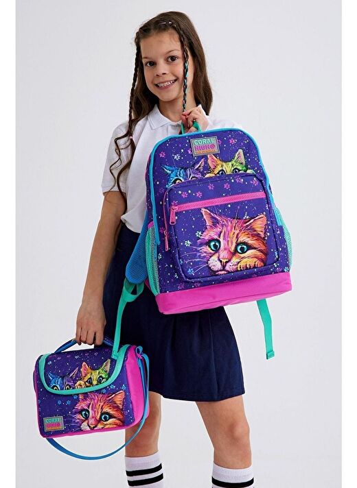 Coral High Kids Mor Pembe Kedi Desenli 3’lü Okul Çanta Seti 2