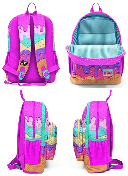 Coral High Kids Pembe Rengarenk Dondurma Desenli 3’lü Okul Çanta Seti - Kız Çocuk 3
