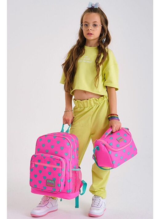 Coral High Kids Neon Pembe Su Yeşili Kalp Desenli 3’lü Okul Çanta Seti - Kız Çocuk 2