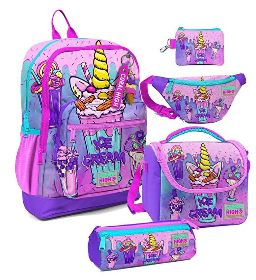 Coral High Kız Çocuk Pembe Mor Dondurma Desenli Beşli İlkokul Okul Çanta Seti 1