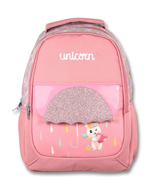 Cennec Simli Unicorn Baskılı Pembe Kız Çocuk Üçlü İlkokul Çanta Seti 2