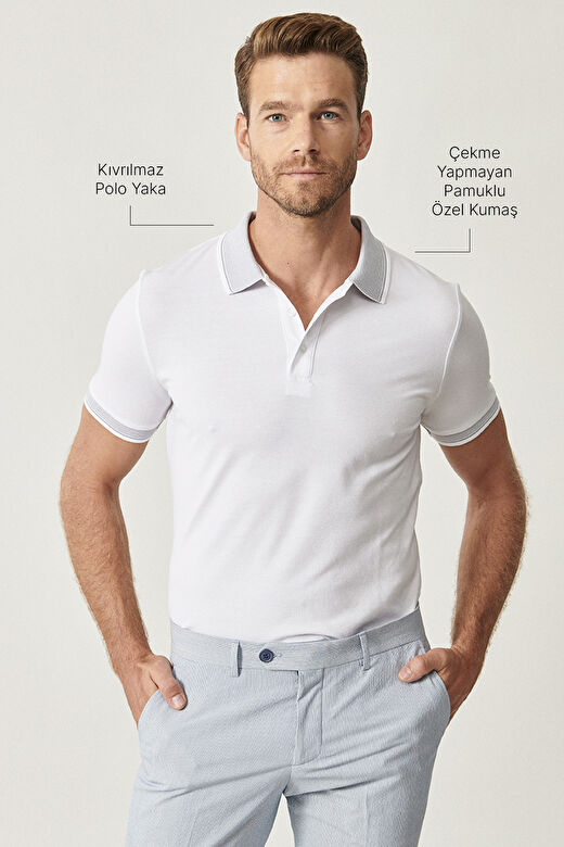 Erkek Beyaz Slim Fit Dar Kesim Kıvrılmaz Polo Yaka Kısa Kollu Tişört 2