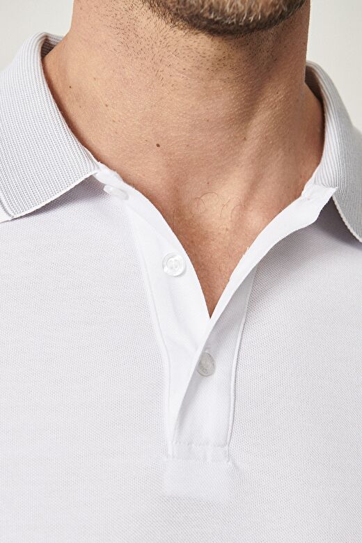 Erkek Beyaz Slim Fit Dar Kesim Kıvrılmaz Polo Yaka Kısa Kollu Tişört 4