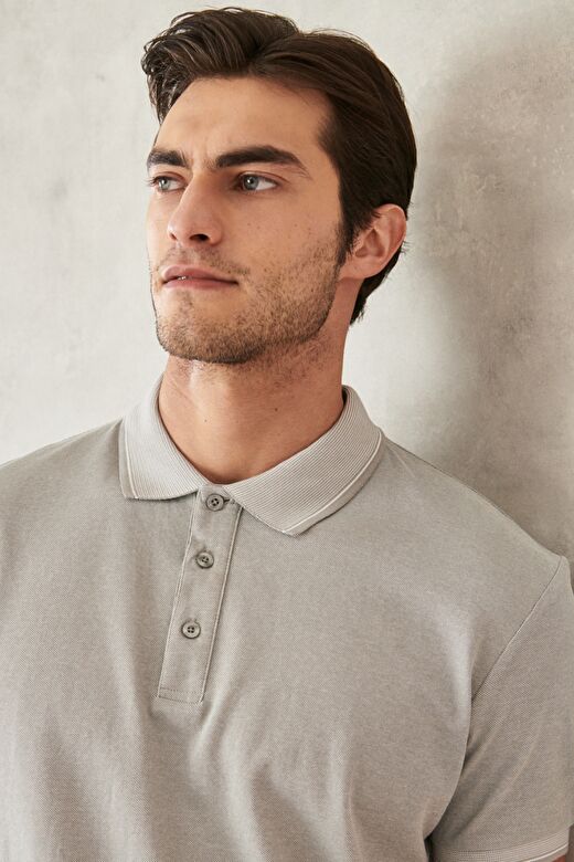 Erkek GRI-GRI Slim Fit Dar Kesim Kıvrılmaz Polo Yaka Kısa Kollu Tişört 4