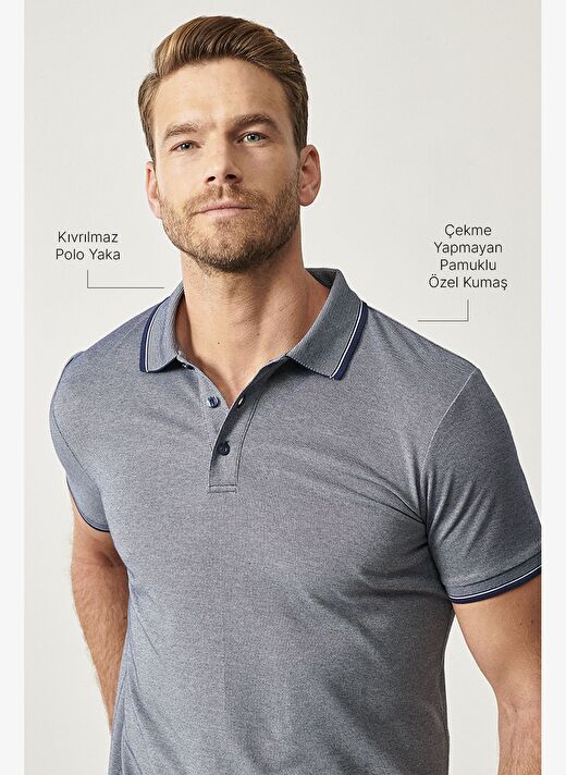 Erkek Lacivert Slim Fit Dar Kesim Kıvrılmaz Polo Yaka Kısa Kollu Tişört 3