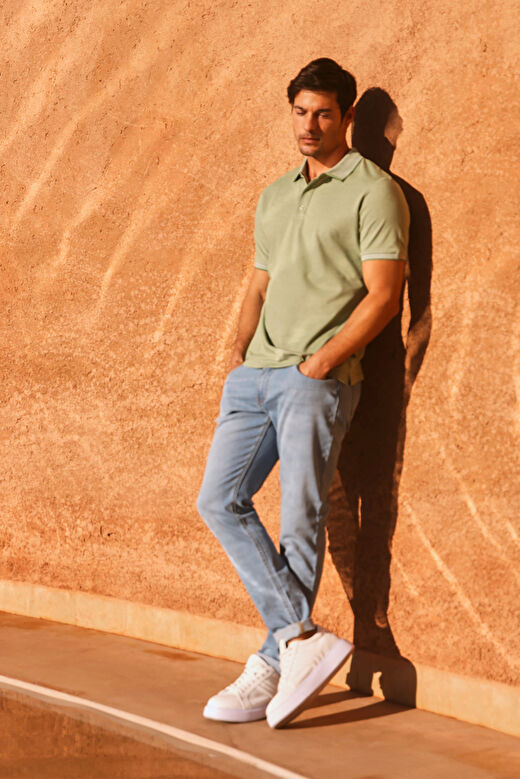 Erkek Yeşil Slim Fit Dar Kesim Kıvrılmaz Polo Yaka Kısa Kollu Tişört 1