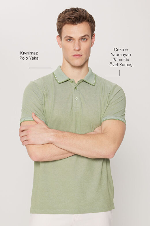 Erkek Yeşil Slim Fit Dar Kesim Kıvrılmaz Polo Yaka Kısa Kollu Tişört 2