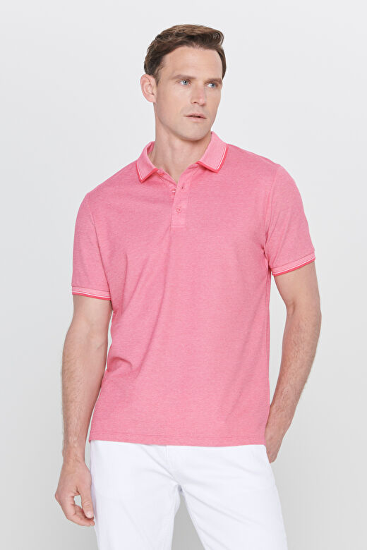 Erkek Fuşya-Beyaz Slim Fit Dar Kesim Kıvrılmaz Polo Yaka Kısa Kollu Tişört 1