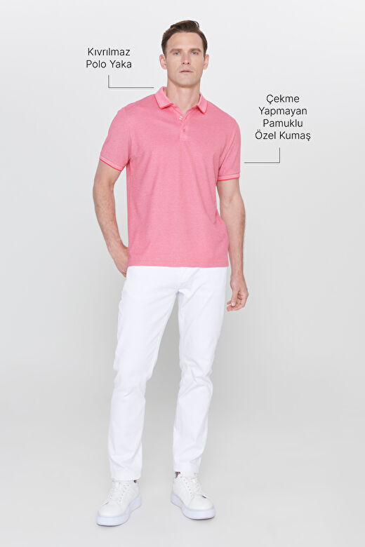 Erkek Fuşya-Beyaz Slim Fit Dar Kesim Kıvrılmaz Polo Yaka Kısa Kollu Tişört 2