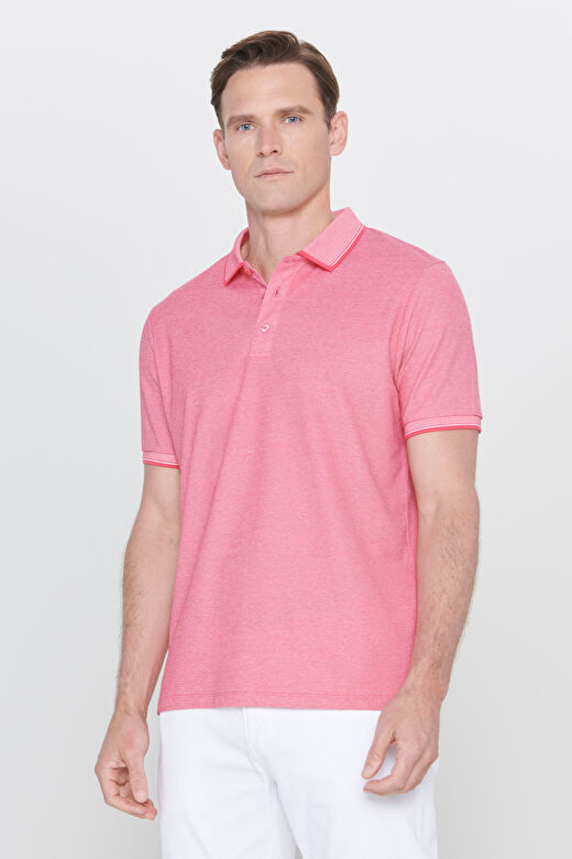 Erkek Fuşya-Beyaz Slim Fit Dar Kesim Kıvrılmaz Polo Yaka Kısa Kollu Tişört 3