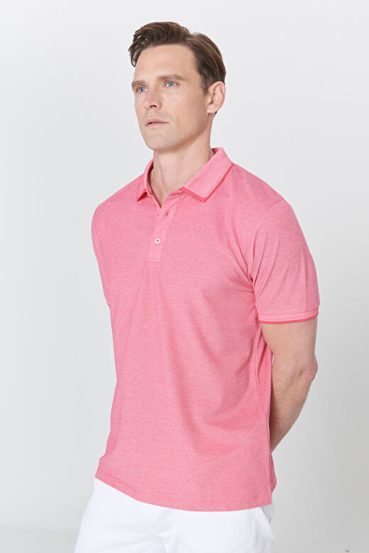 Erkek Fuşya-Beyaz Slim Fit Dar Kesim Kıvrılmaz Polo Yaka Kısa Kollu Tişört 4