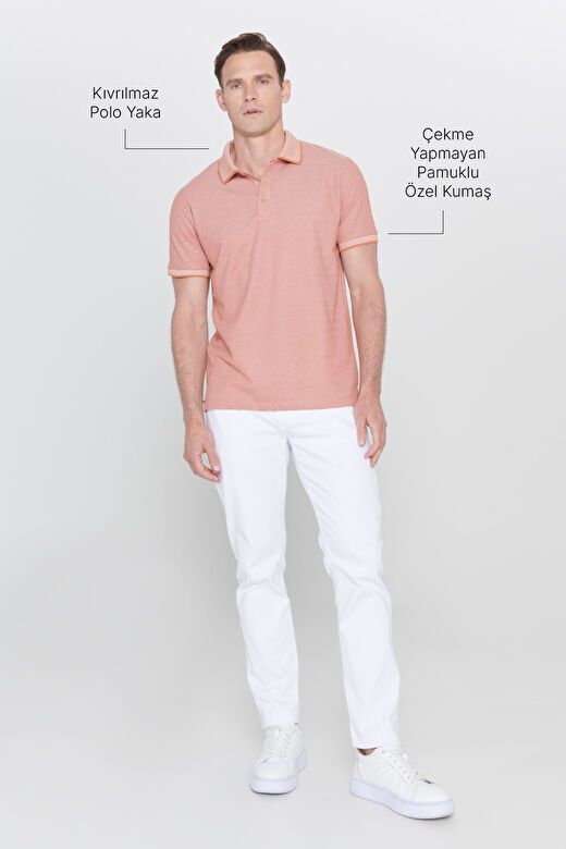 Erkek Kiremit-Bej Slim Fit Dar Kesim Kıvrılmaz Polo Yaka Kısa Kollu Tişört 2