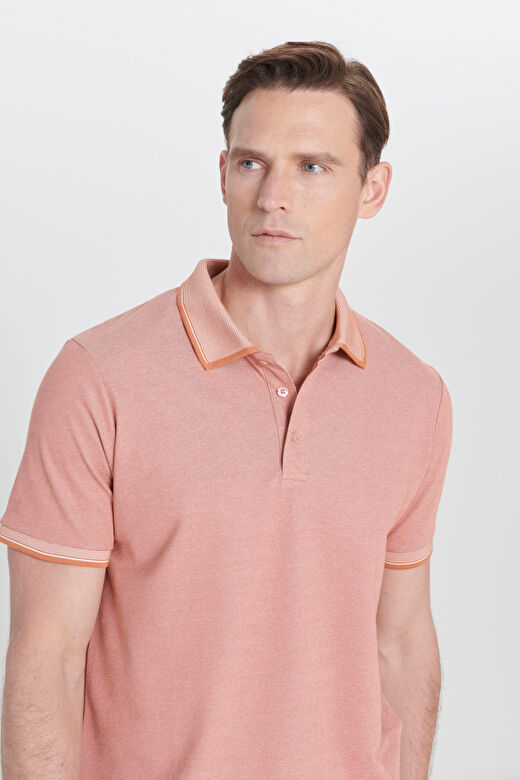 Erkek Kiremit-Bej Slim Fit Dar Kesim Kıvrılmaz Polo Yaka Kısa Kollu Tişört 4