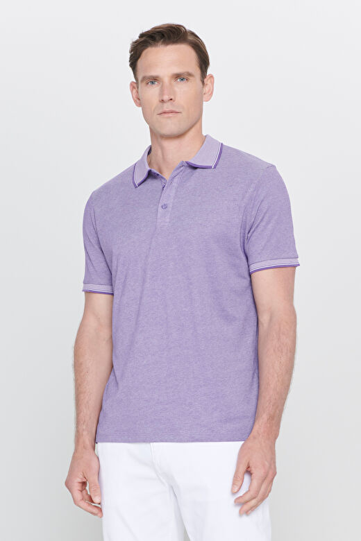 Erkek Mor-Beyaz Slim Fit Dar Kesim Kıvrılmaz Polo Yaka Kısa Kollu Tişört 1