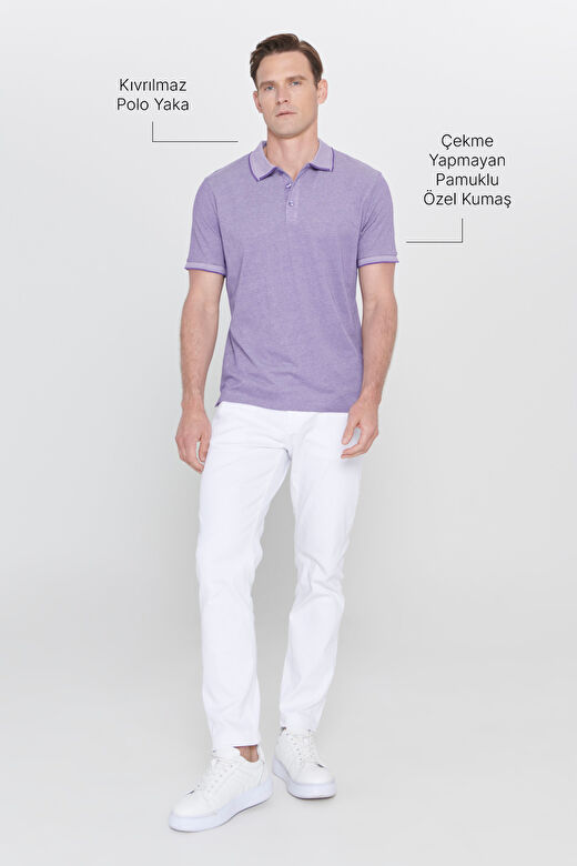 Erkek Mor-Beyaz Slim Fit Dar Kesim Kıvrılmaz Polo Yaka Kısa Kollu Tişört 2