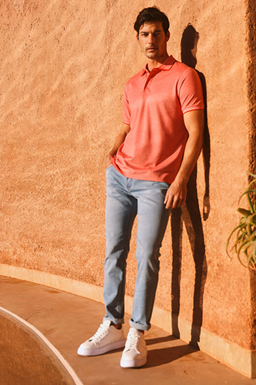 Erkek Nar Çiçeği-Beyz Slim Fit Dar Kesim Kıvrılmaz Polo Yaka Kısa Kollu Tişört 1