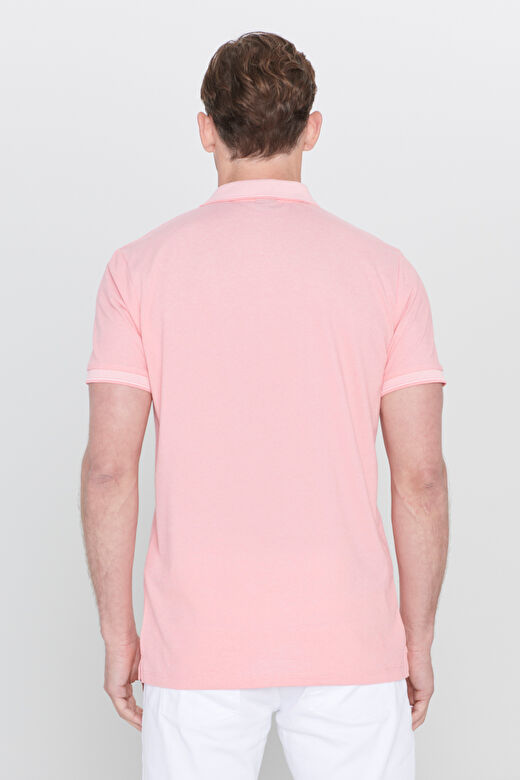 Erkek Pembe Beyaz Slim Fit Dar Kesim Kıvrılmaz Polo Yaka Kısa Kollu Tişört 3