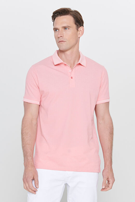 Erkek Pembe Beyaz Slim Fit Dar Kesim Kıvrılmaz Polo Yaka Kısa Kollu Tişört 2