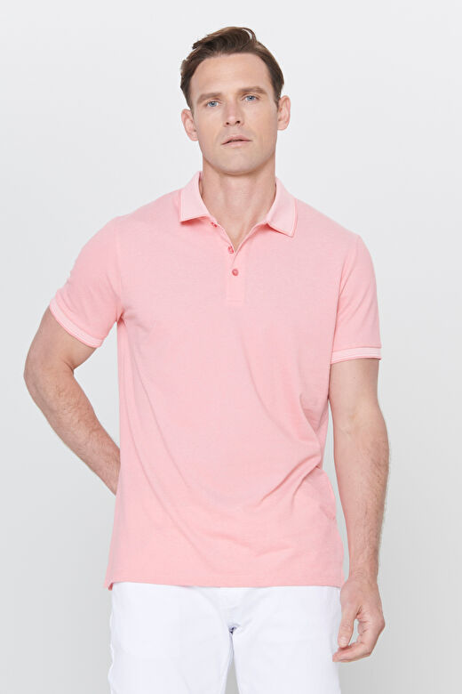 Erkek Pembe Beyaz Slim Fit Dar Kesim Kıvrılmaz Polo Yaka Kısa Kollu Tişört 1