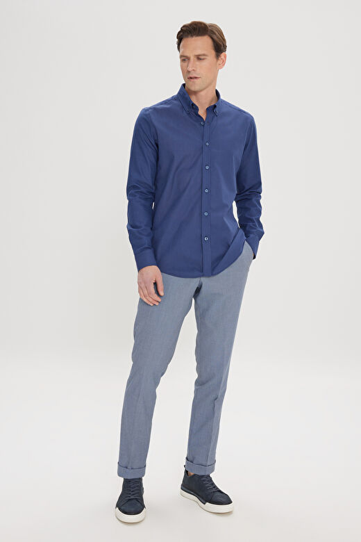 Erkek Lacivert Tailored Slim Fit Dar Kesim Düğmeli Yaka Keten Görünümlü %100 Pamuk Flamlı Gömlek 2