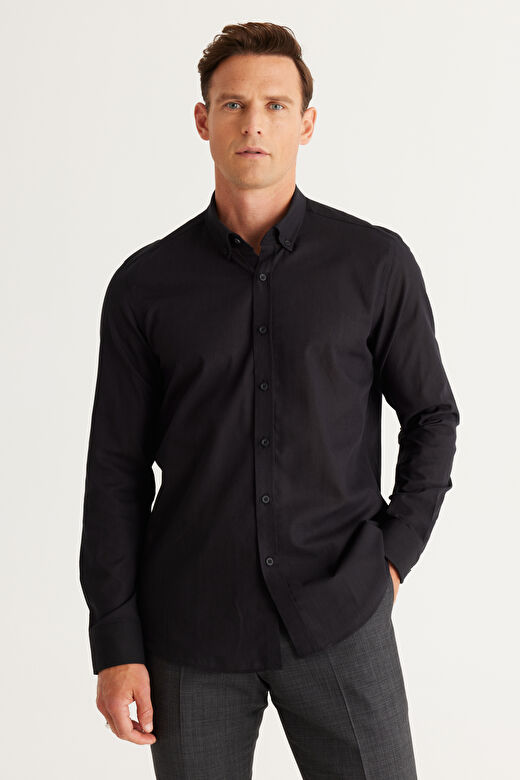 Erkek Siyah Tailored Slim Fit Dar Kesim Düğmeli Yaka Keten Görünümlü %100 Pamuk Flamlı Gömlek 1